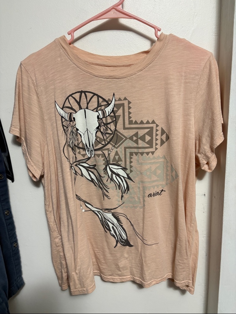 Ariat Peach Graphic Tee with Skull and Feathers